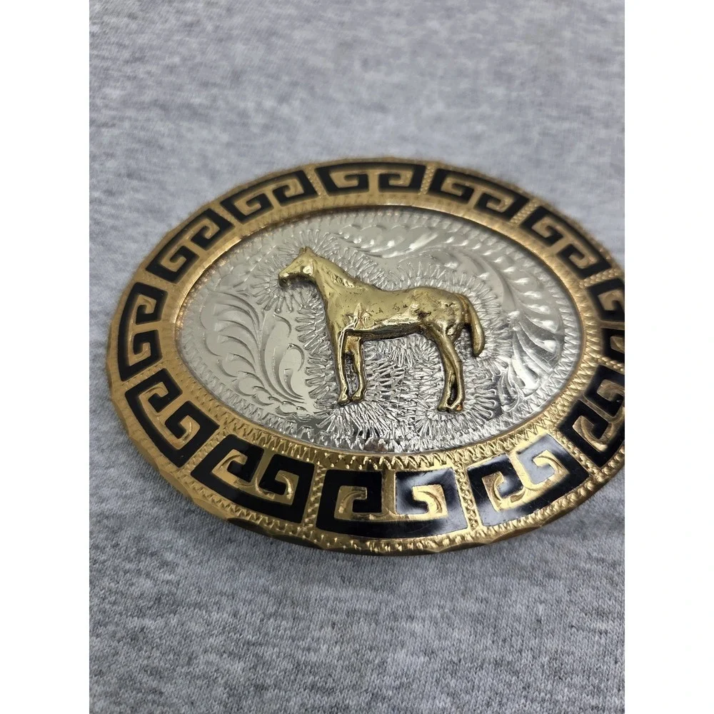 Vintage Handmade DT Stallion Rodeo Southwest Black Enamel Solid Belt Buckle Men